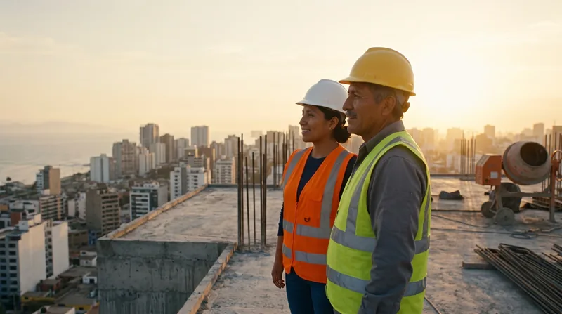 Ingeniera y capataz revisan la obra al amanecer