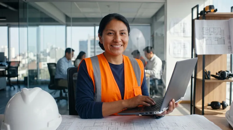 Coordinadora de operaciones con chaleco revisa la laptop en la oficina