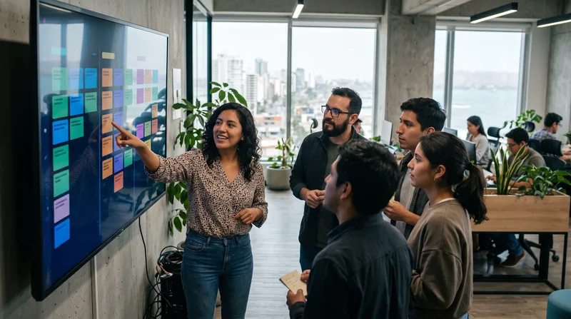 Equipo de trabajo frente a una pantalla con tareas