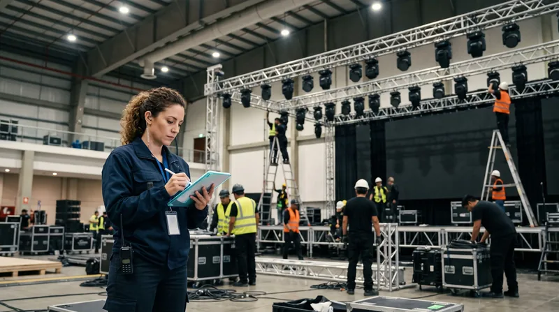 Coordinadora con tablet durante el montaje de un evento