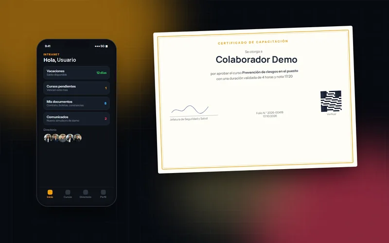 Certificado con folio y código QR, junto a la intranet en el celular