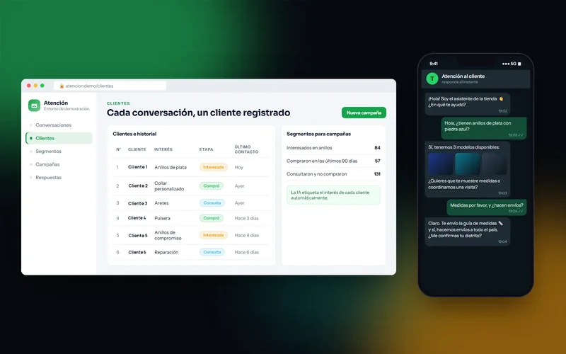 Chat de atención de una tienda y el registro de clientes con sus segmentos