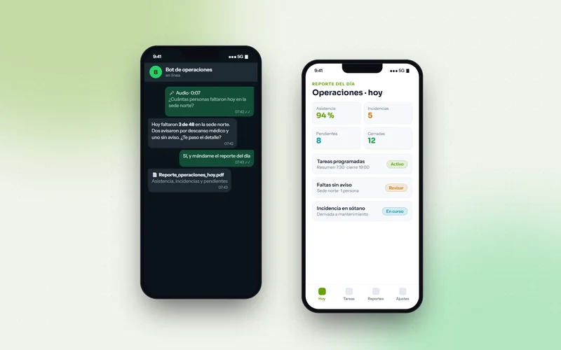 Un audio respondido por el bot en WhatsApp y el reporte del día en el celular
