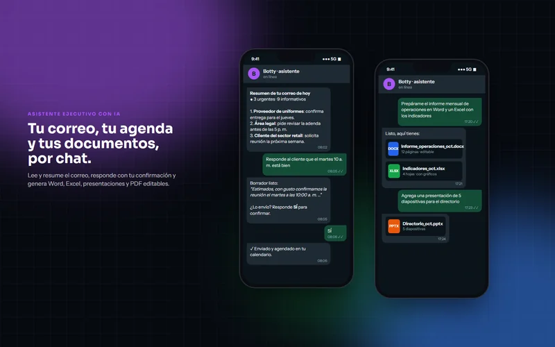Chat con Botty: resumen del correo, respuesta confirmada y documentos generados