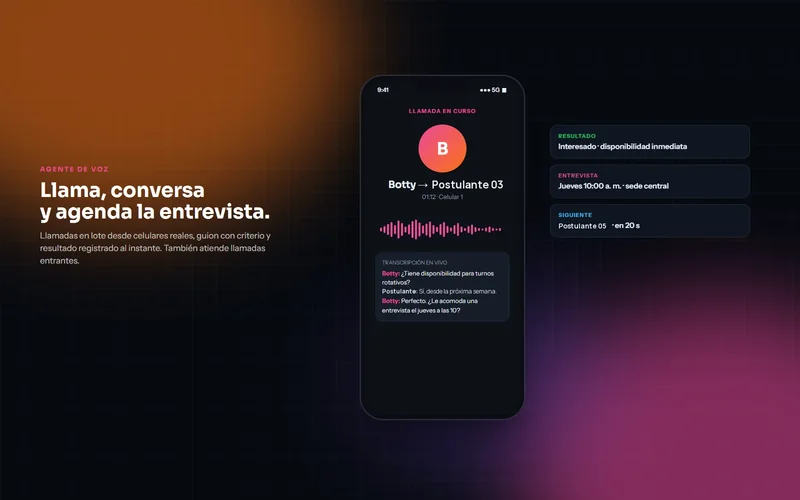 Llamada en curso con la transcripción, el resultado y la entrevista agendada