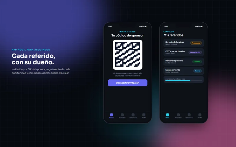 App del asociado con el código QR de invitación y la lista de sus referidos