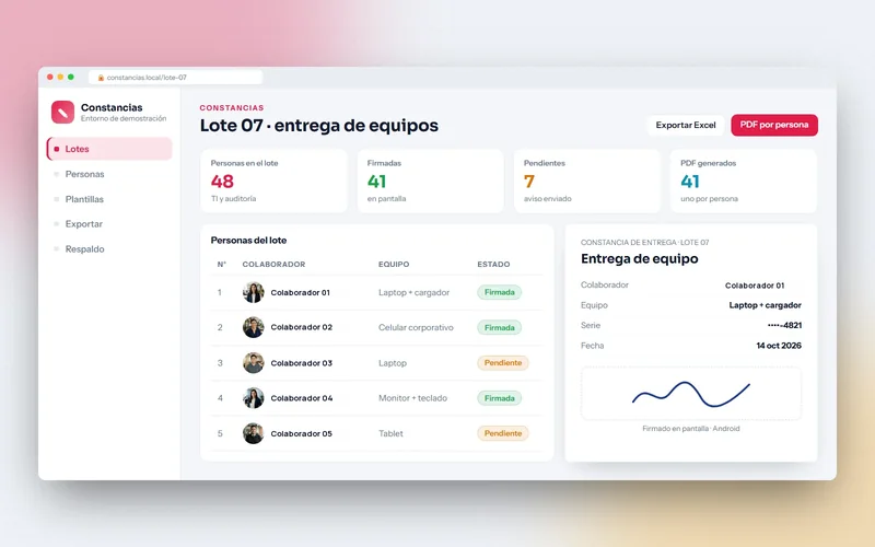 Lote de constancias con el estado de cada persona y una constancia firmada en pantalla
