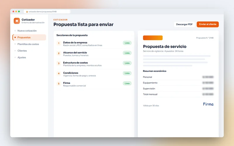 Propuesta lista para enviar: secciones completas y vista del PDF con los montos ocultos