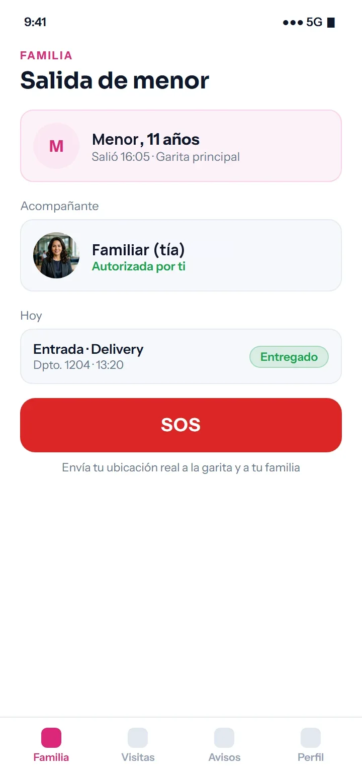 App de familia: salida de un menor con su acompañante autorizado y botón SOS