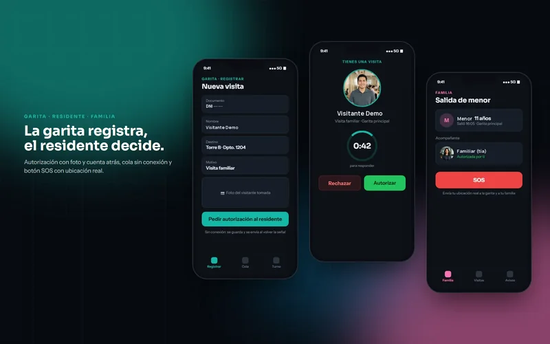 Apps de garita y residente: nueva visita, autorización con foto y cuenta atrás, salida de un menor y SOS