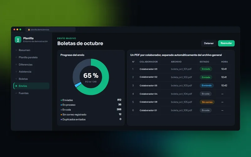 Envío masivo de boletas con el avance, un PDF por colaborador y los botones detener y reanudar