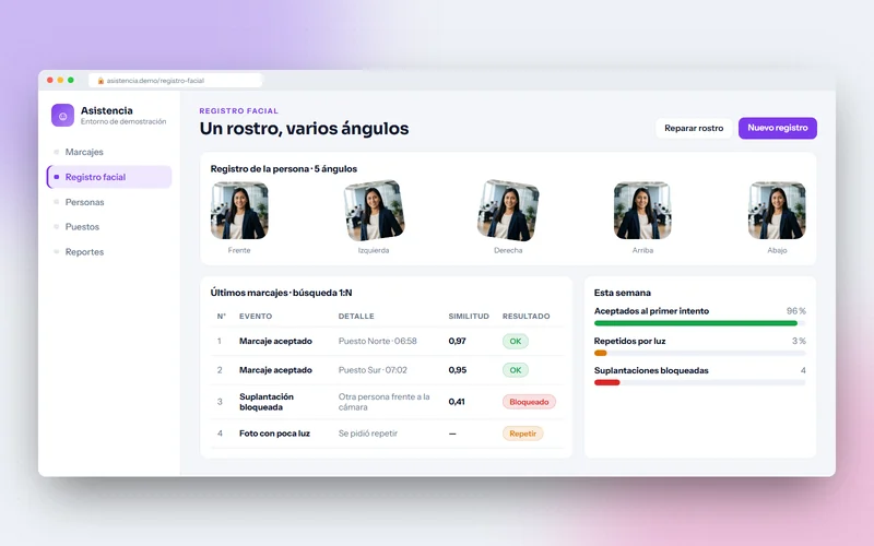 Registro de un rostro en cinco ángulos y los últimos marcajes con su nivel de similitud