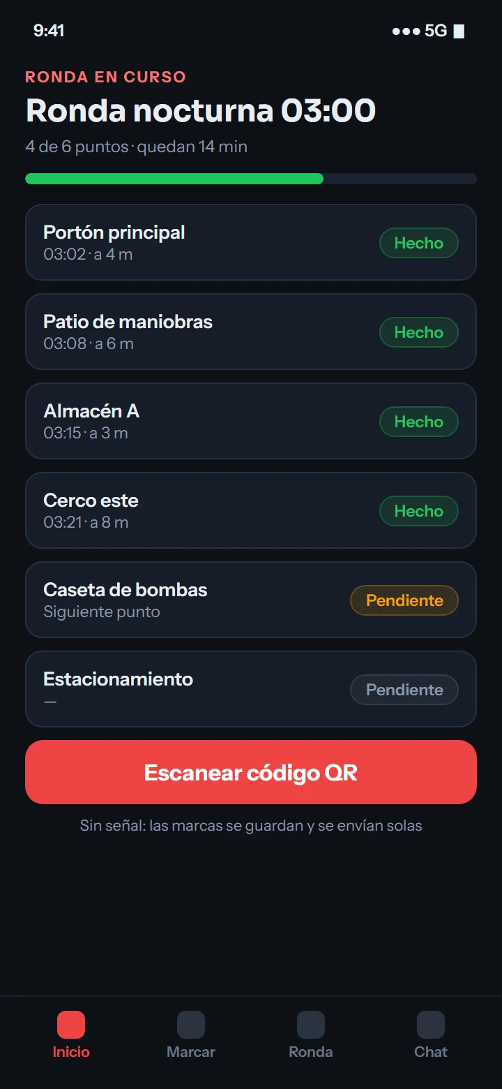 Ronda en curso en la app del agente: puntos hechos, el siguiente punto y el botón para escanear el QR