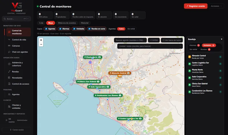 Central de monitoreo con unidades, agentes y alarmas sobre el mapa, con datos de demostración