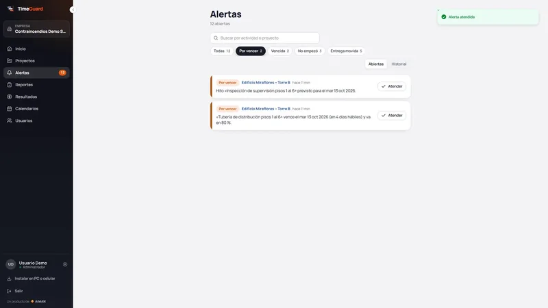Alertas de entregas movidas, tareas por vencer y vencidas