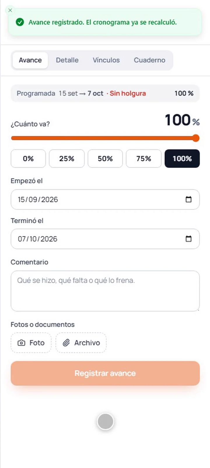 Registro del avance de una actividad con porcentaje y fotos