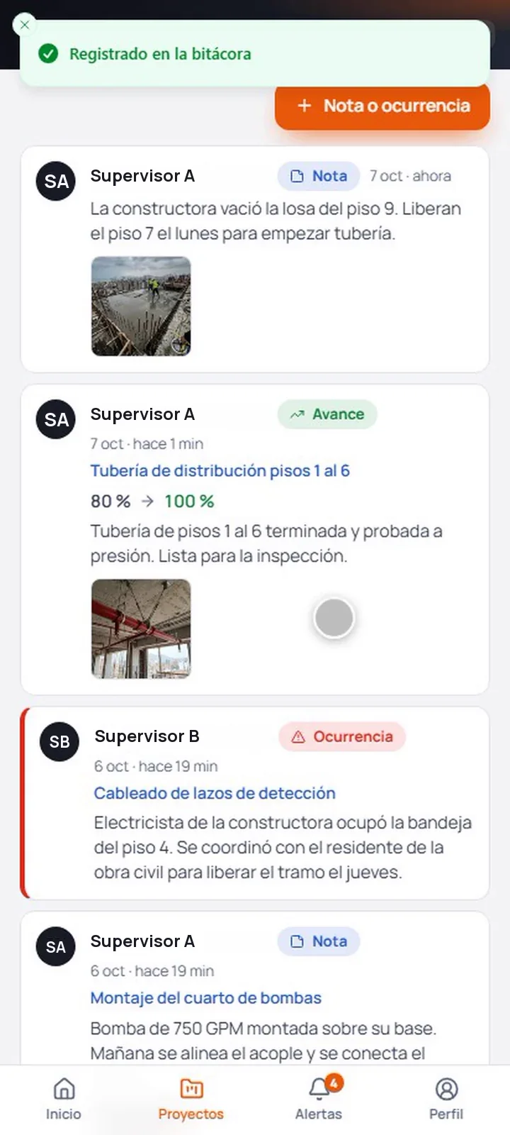 Bitácora de obra con notas y fotos del equipo