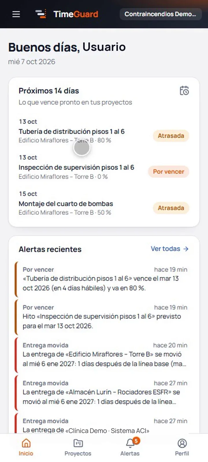 Inicio de la app con las tareas de los próximos días