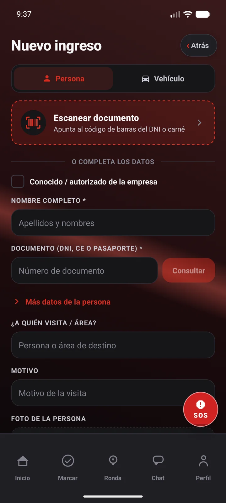 Formulario de nuevo ingreso en la garita, con lectura del documento